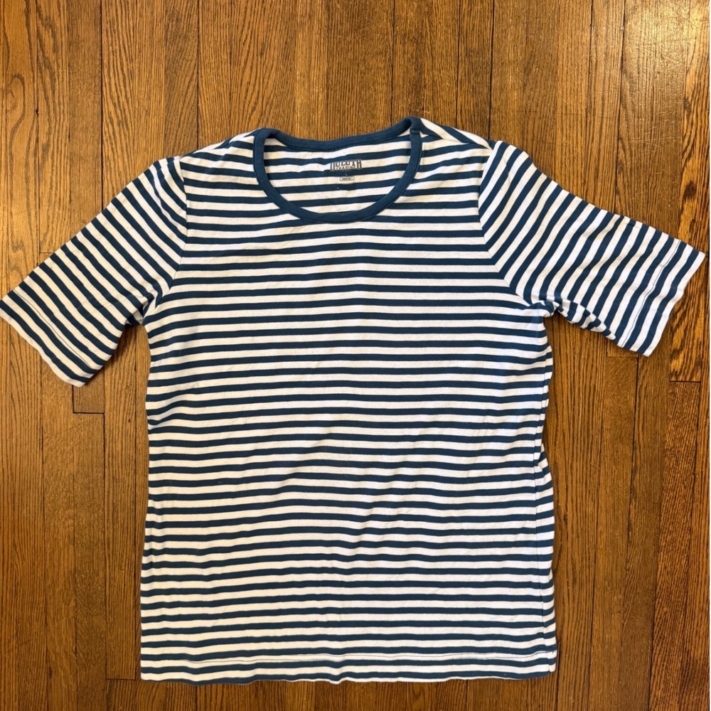 Duluth Trading Co Longtail T Shirt Womens Large Blue White Striped Cotton Tee